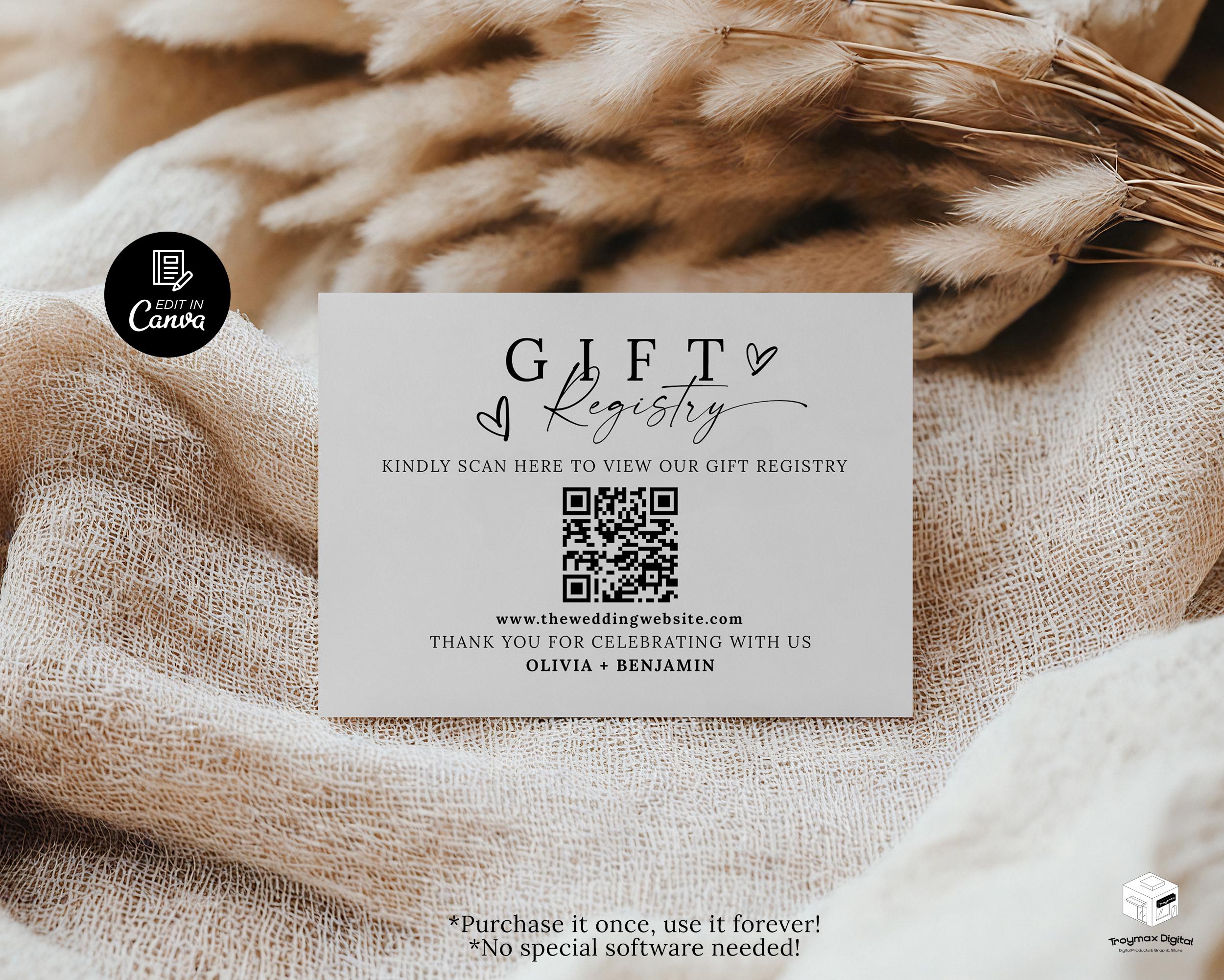 Registry Sign Wedding Gift Registry Card Template, QR Code Registry Card, A Note on ...