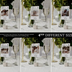 May include: Wedding table number cards with photos, displayed in clear champagne flutes. Each card is held by a silver metal clip and rests on a small, square, light gray block. The text on the cards reads "Table no. 1, 2, 3, 4, 5, 6". The image also includes the text "4x20 DIFFERENT SIZES".
