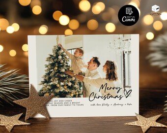Merry Christmas Card Printable, Editable Family Photo Christmas Card, Holiday Card Template, Happy Holidays Card, Family Picture Card Canva