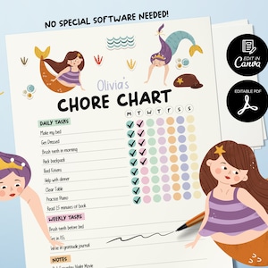 Dagelijkse checklist voor kinderen, bewerkbare dagelijkse takenlijst voor kinderen, schattig zeemeerminthema, afdrukbare dagelijkse planner voor kinderen, bewerkbare takenkaart