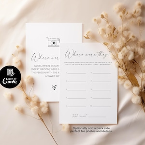 May include: A printable wedding game card with the text "Where were they?" and instructions to guess where the bride and groom were in each photo. The card has a black and white design with a camera icon.