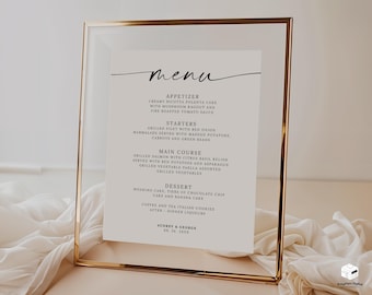 Op de afbeelding: Een gouden menulijst met een witte achtergrond en zwarte tekst. De menulijst bevat voorgerechten, starters, hoofdgerecht, dessert en koffie en thee. Onderaan de menulijst staan de namen Audrey & George en de datum 09 24 20XX.