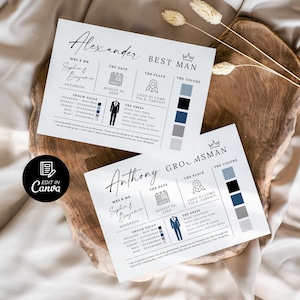 K&ouml;nnte beinhalten: Zwei wei&szlig;e Hochzeitskarten mit schwarzem Text, mit Namen, Daten und Farbpaletten. Die Karten liegen auf einer Holzoberfl&auml;che mit getrockneten Blumen. Auf einer Karte steht "Alexander Best Man" und auf der anderen "Anthony Groomsman".