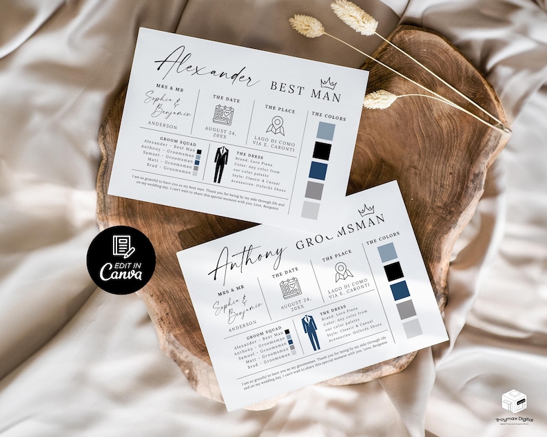 K&ouml;nnte beinhalten: Zwei wei&szlig;e Hochzeitskarten mit schwarzem Text, mit Namen, Daten und Farbpaletten. Die Karten liegen auf einer Holzoberfl&auml;che mit getrockneten Blumen. Auf einer Karte steht "Alexander Best Man" und auf der anderen "Anthony Groomsman".