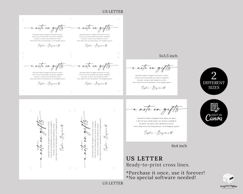 A Note on Gifts Card Template, Wedding Cash Gift Card, Wedding Gift ...