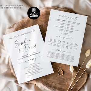 May include: Two white wedding program cards with black text. The left card reads Welcome to the wedding of Sophia & David, August 24, 20XX, Los Angeles, California. The right card lists the wedding party, order of event, and a thank you note.