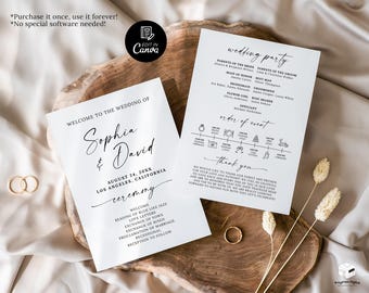 Wedding Program Fan Template, Editable Church Ceremony Timeline, Minimalist Wedding Infographic Program Card , Order of Ceremony Program