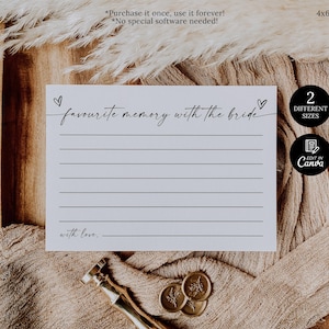 May include: A white card with the text "favourite memory with the bride" and lined spaces for writing. The card is 10.16 x 15.24 cm. The text "with love" is at the bottom. Two circular stickers say "2 different sizes" and "Edit in Canva".