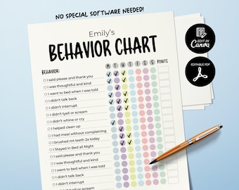 Editable Behavior Reward Chart for Kids, Good Behavior Tracking, Printable Children Behavior Chart, Checklist Editable, Daily Checklist Kids