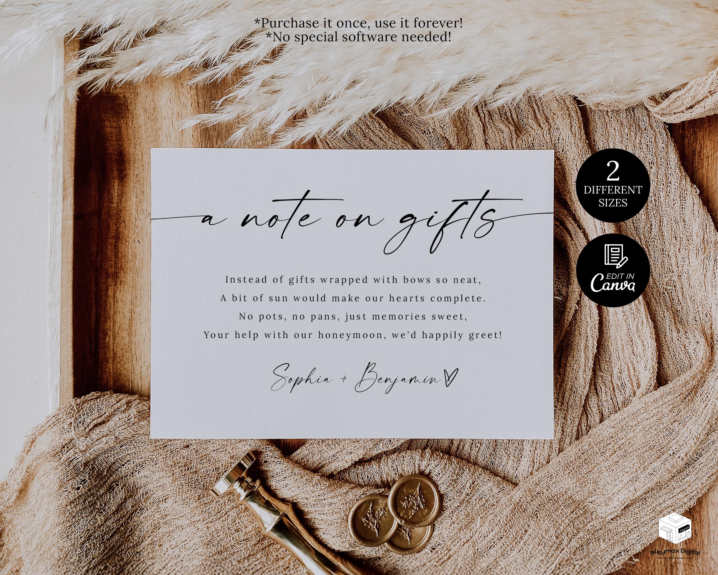 A Note on Gifts Card Template, Wedding Cash Gift Card, Wedding Gift ...