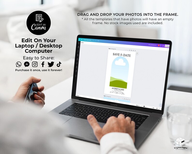 May include: A laptop computer screen displaying a save the date card template with a blue sky, green hills, and the text "SAVE THE DATE" and "AUDREY & JAKE". The text "Edit On Your Laptop / Desktop Computer" is visible on the laptop screen. The text "Easy to Share" is visible on the laptop screen. Social media icons for Facebook, Instagram, Twitter, and TikTok are visible on the laptop screen. The text "Purchase it once, use it forever!" is visible on the laptop screen.