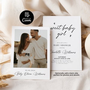 Modelo de convite para chá de bebê, cartão postal com foto de gravidez, convite para chá de bebê com foto, cartão postal personalizado para pais com anúncio de novo bebê