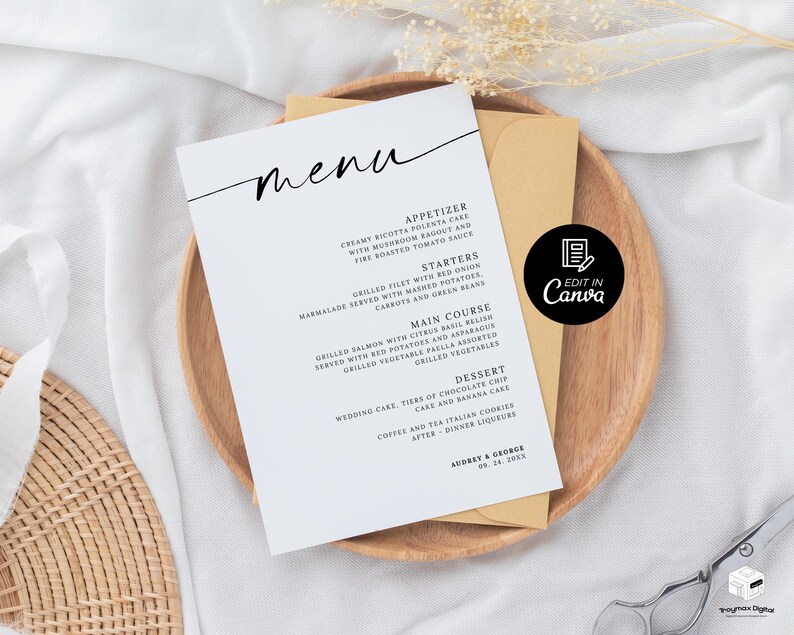 Op de afbeelding: Een trouwmenukaart met een minimalistisch ontwerp, met het woord "menu" in elegant schrift. Het menu bevat voorgerechten, voorgerechten, hoofdgerechten en desserts. De kaart ligt op een houten bord met een gouden envelop, met de tekst "Edit in Canva".