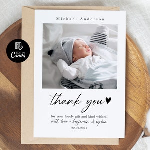 Personalized Birth Baby Announcement ThankYou Card, Printable Baby Photo Thank You Card, Editable Newborn Thank You Card Template Canva