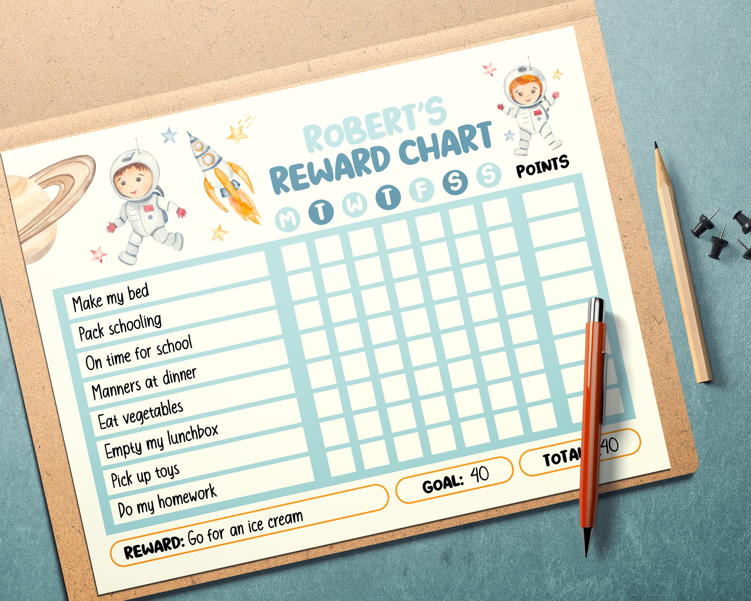 Editable Space Kids Reward Chart, Printable Chore Chart for Kids, Good ...