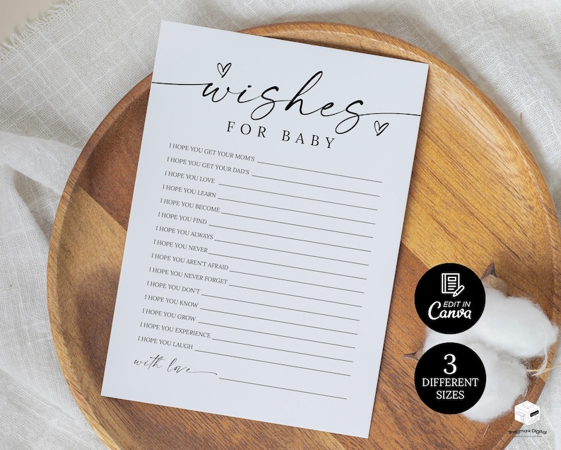 K&ouml;nnte beinhalten: Eine wei&szlig;e Karte mit dem Text "wishes FOR BABY" in schwarzer Schrift, mit Linien zum Schreiben von W&uuml;nschen. Die Karte liegt auf einem Holztablett. Zus&auml;tzlicher Text enth&auml;lt "Edit in Canva" und "3 Different Sizes."