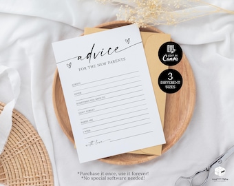 Minimalistische babyadvieskaartjes, printbare babyshower-advieskaartjes, bewerkbare adviezen voor nieuwe ouders, sjabloon voor babywensen voor ouders