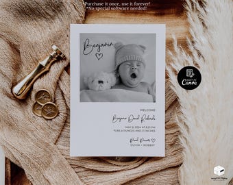 Plantilla de anuncio de nacimiento de recién nacido, tarjeta de nacimiento con foto imprimible, anuncio de nacimiento con imágenes minimalistas modernas editables, tarjeta de estadísticas de nacimiento
