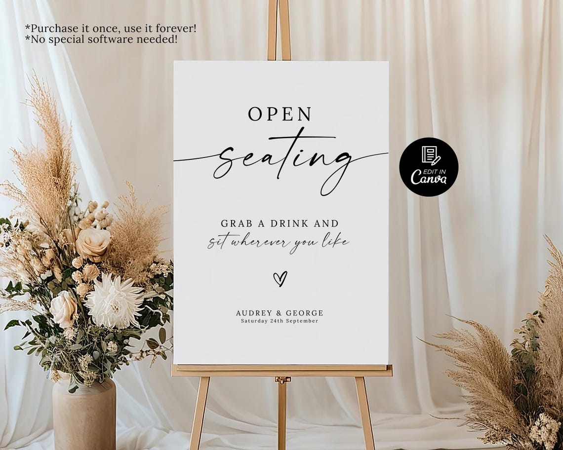 Minimalist Open Seating Wedding Sign Template, Modern Open Seating Sign ...