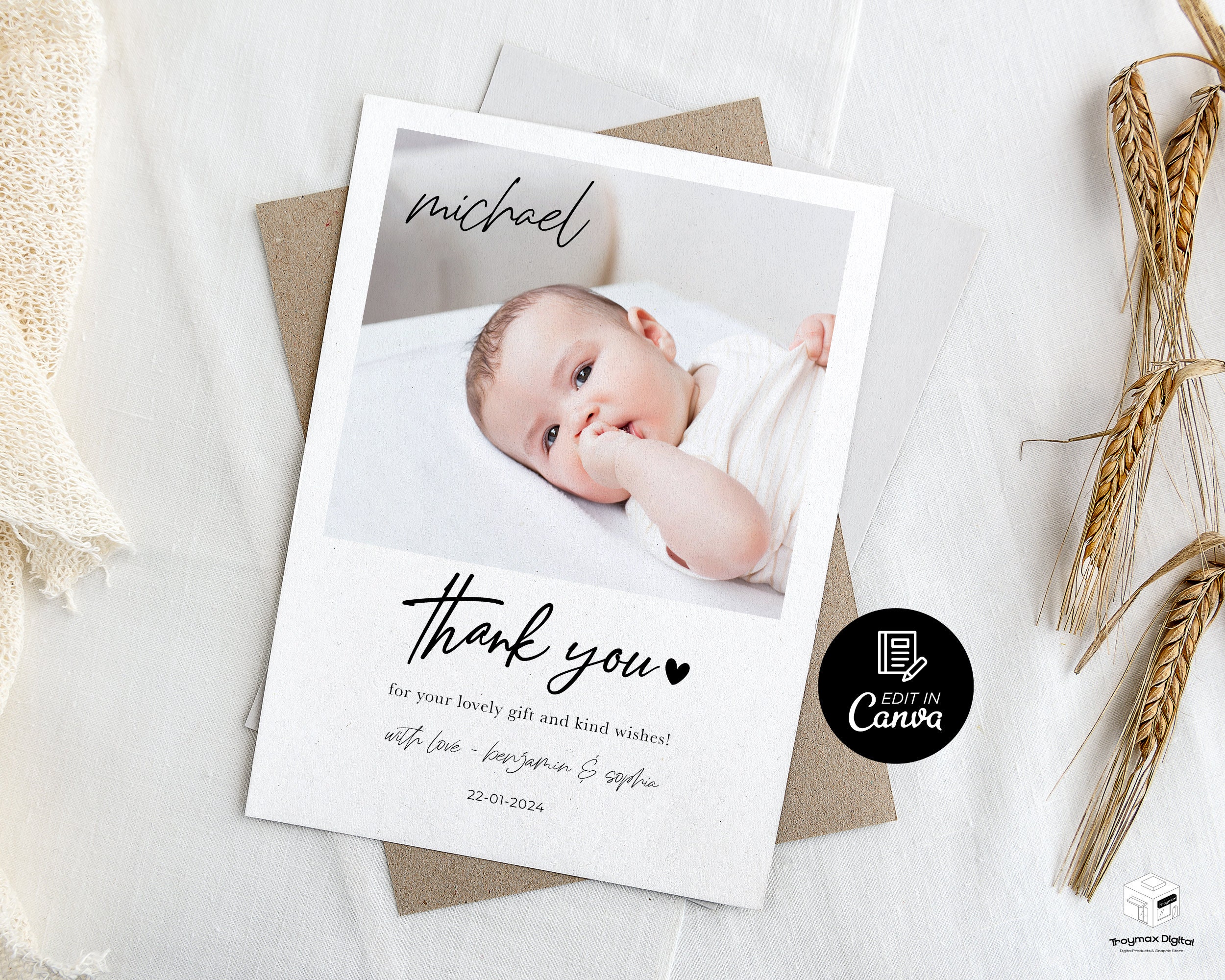 Baby Announcement Thank You Card, Photo Thank You Card for Newborn Baby