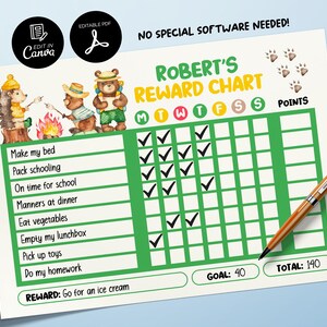 Editable Camping Animals Reward Chart, Printable Chore Chart for Kids, Good Behavior Tracking, Daily Behavior Checklist, Behavior Management