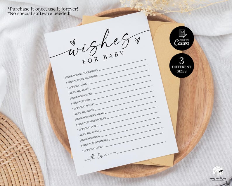 K&ouml;nnte beinhalten: Eine wei&szlig;e Karte mit den Worten "wishes for BABY" in schwarzer Schrift, mit Linien zum Schreiben. Die Karte liegt auf einem Holztablett mit einem braunen Umschlag. Der Text auf der Karte enth&auml;lt "I hope you get your mom's" und "with love."