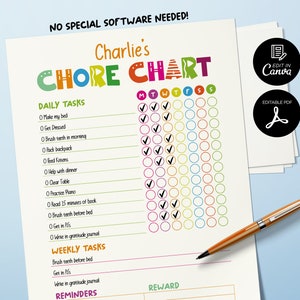 Bewerkbare dagelijkse takenlijst, dagelijks dagboek voor kinderen, afdrukbare checklist voor kinderen, dagelijkse planner voor kinderen, wekelijkse checklist, takenlijst kinderen