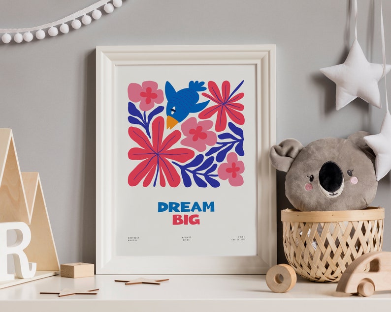 Printable Positive Motivational Poster for Kids, Colorful Red Flower, Cute Blue Bird Poster for ...