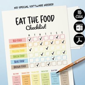 Eat the Rainbow Chart, Healthy Food Tracker, Healthy Eating, Kids Lunchbox Editable, Kids Nutrition, Food listing, Eat The Rainbow Checklist