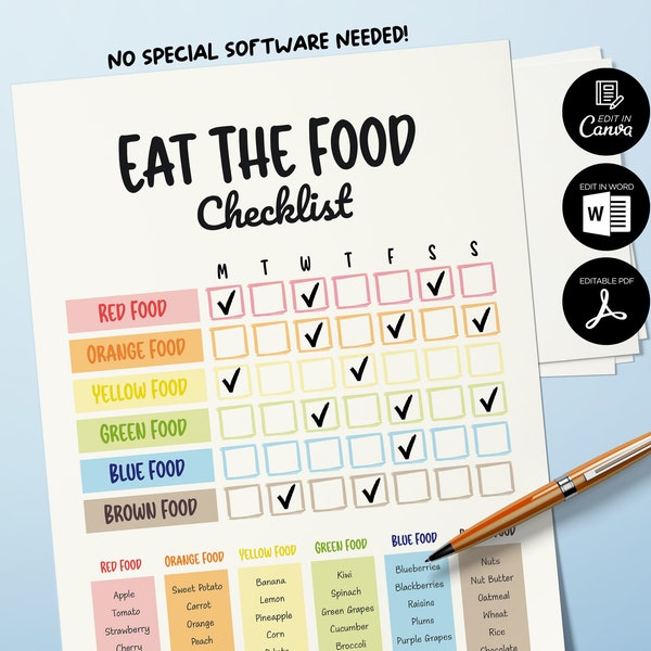 Eat the Rainbow Chart, Healthy Food Tracker, Healthy Eating, Kids Lunchbox Editable, Kids Nutrition, Food listing, Eat The Rainbow Checklist