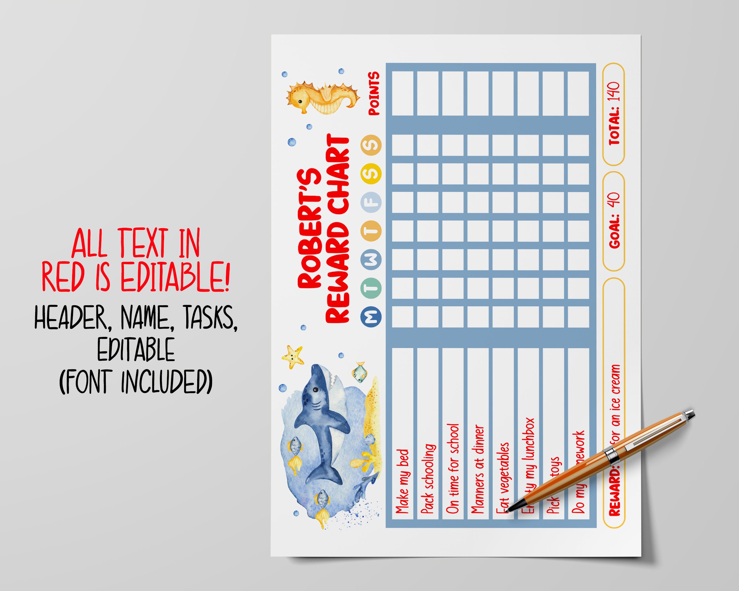 Editable Shark Reward Chart, Printable Chore Chart for Kids, Good ...