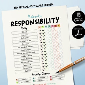 Kids Responsibility Chart Printable, Editable Daily Checklist, Responsibility Chart for Kids, Behavior Chart, Kid Journal, Chore Chart Kids