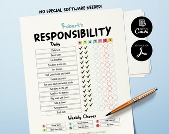 Tabla de responsabilidades para niños imprimible, lista de verificación diaria editable, tabla de responsabilidades para niños, tabla de comportamiento, diario infantil, tabla de tareas para niños