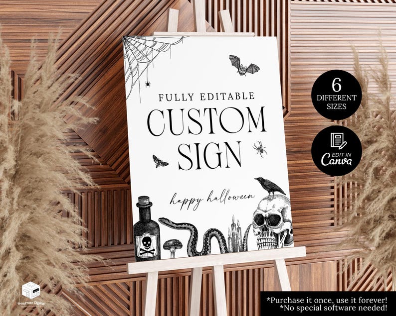 May include: A black and white Halloween-themed sign on a white easel. The sign features a spiderweb, bat, spider, skull, snake, and other spooky illustrations. Text includes "CUSTOM SIGN" and "happy halloween".