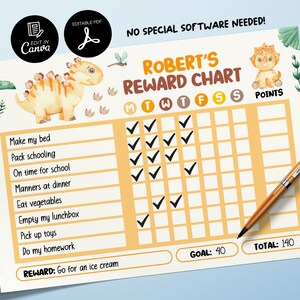 Editable Dinosaur Reward Chart, Printable Chore Chart for Kids, Good Behavior Tracking Child, Daily Behavior Checklist, Behavior Management