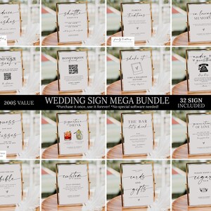 Plantilla de paquete de letreros para bodas, paquete de letreros para mesas de boda, paquete de plantillas de señalización moderna para bodas, paquete de letreros para despedidas de soltera (32 unidades)