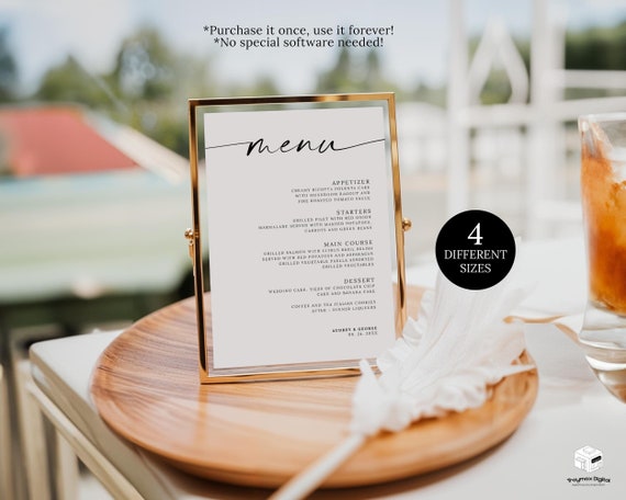Wedding Menu Sign Template, Minimalist Wedding Menu, Modern Script Dinner Menu, Bridal Shower Menu, Reception Dinner Menu Printable Canva