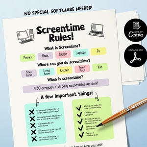 Schermtijdregels, bewerkbaar schermtijdschema voor kinderen, dagelijks schermtijdschema, afdrukbaar schermtijdschema, schermtijdgedrag