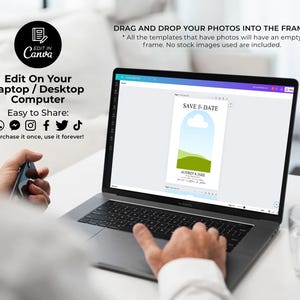 May include: A laptop computer screen displaying a save the date card template with a blue sky, green hills, and the text "SAVE THE DATE" and "AUDREY & JAKE". The text "Edit On Your Laptop / Desktop Computer" is visible on the laptop screen. The text "Easy to Share" is visible on the laptop screen. Social media icons for Facebook, Instagram, Twitter, and TikTok are visible on the laptop screen. The text "Purchase it once, use it forever!" is visible on the laptop screen.