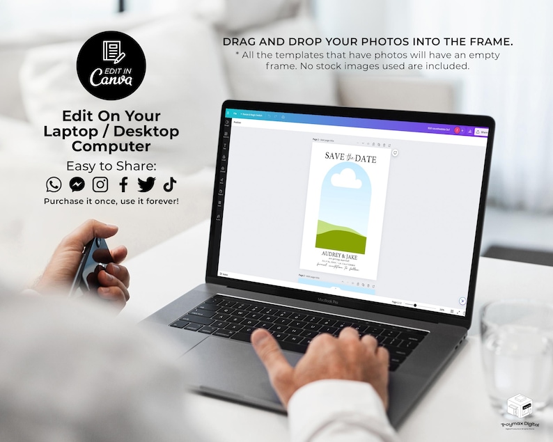 May include: A laptop computer screen displaying a save the date card template with a blue sky, green hills, and the text "SAVE THE DATE" and "AUDREY & JAKE". The text "Edit On Your Laptop / Desktop Computer" is visible on the laptop screen. The text "Easy to Share" is visible on the laptop screen. Social media icons for Facebook, Instagram, Twitter, and TikTok are visible on the laptop screen. The text "Purchase it once, use it forever!" is visible on the laptop screen.