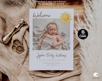 Plantilla editable de anuncio de nacimiento con foto, tarjeta imprimible de estadísticas de nacimiento, anuncio de bebé recién nacido, tarjeta sencilla de estadísticas de nacimiento, descarga instantánea