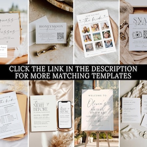 Puede incluir: Una colecci&oacute;n de plantillas de papeler&iacute;a para bodas, que incluyen letreros, tarjetas y juegos. Los dise&ntilde;os presentan una tipograf&iacute;a elegante y dise&ntilde;os minimalistas. Se muestra el texto "CLICK THE LINK IN THE DESCRIPTION FOR MORE MATCHING TEMPLATES".