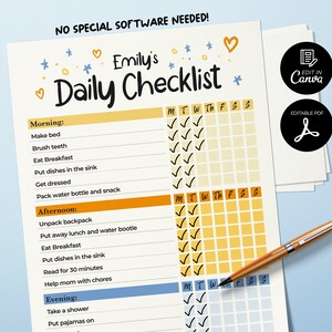 Editable Daily Checklist for Kids, Printable, Responsibility Chart for ...