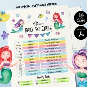 Bewerkbaar dagschema zeemeermin voor kinderen, afdrukbare dagplanner zeemeermin voor kinderen, bewerkbare grafiek zeemeermingedrag, dagelijks schema voor kinderen