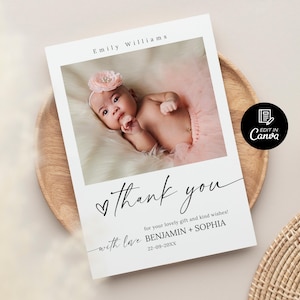 Printable Baby Photo Thank You Card, Newborn Thank You Card Template, Editable Baby Birth Announcement Thank You Card, Baby Thank You Card