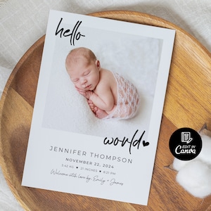 Carte de statistiques de naissance Hello World, carte de bébé personnalisée, carte de bienvenue de bébé, carte de naissance fille et garçon, carte d'arrivée de bébé, carte de nom de bébé