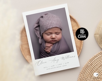 Plantilla editable de anuncio de nacimiento con foto, tarjeta imprimible de estadísticas de nacimiento, anuncio de bebé recién nacido, tarjeta sencilla de estadísticas de nacimiento, descarga instantánea