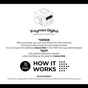 May include: Black and white illustration of a storefront with the text "Troymax Digital" and the tagline "Digital Products & Graphic Store". The text "*ORDER" and "*EDIT" are highlighted in bold. The text "HOW IT WORKS" is displayed in large font with a black and white illustration of a grid of dots. The text "@TroymaxDigital" is displayed below the illustration. The text "*If you can't arrange the invitation yourself, just write to us! We will do all the printing for you!" is displayed at the bottom of the image.