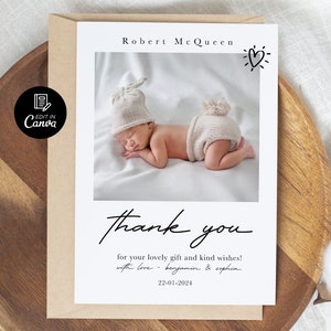 Printable Baby Photos Thank You Card, Editable Newborn Thank You Card, Minimalist Newborn Baby Birth Announcement Template, Instant Download
