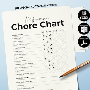Bewerkbare karweigrafiek voor kinderen, digitale planner, dagelijkse verantwoordelijkheidstabel, dagelijkse checklist, afdrukbare gedragsgrafiek, wekelijkse checklist